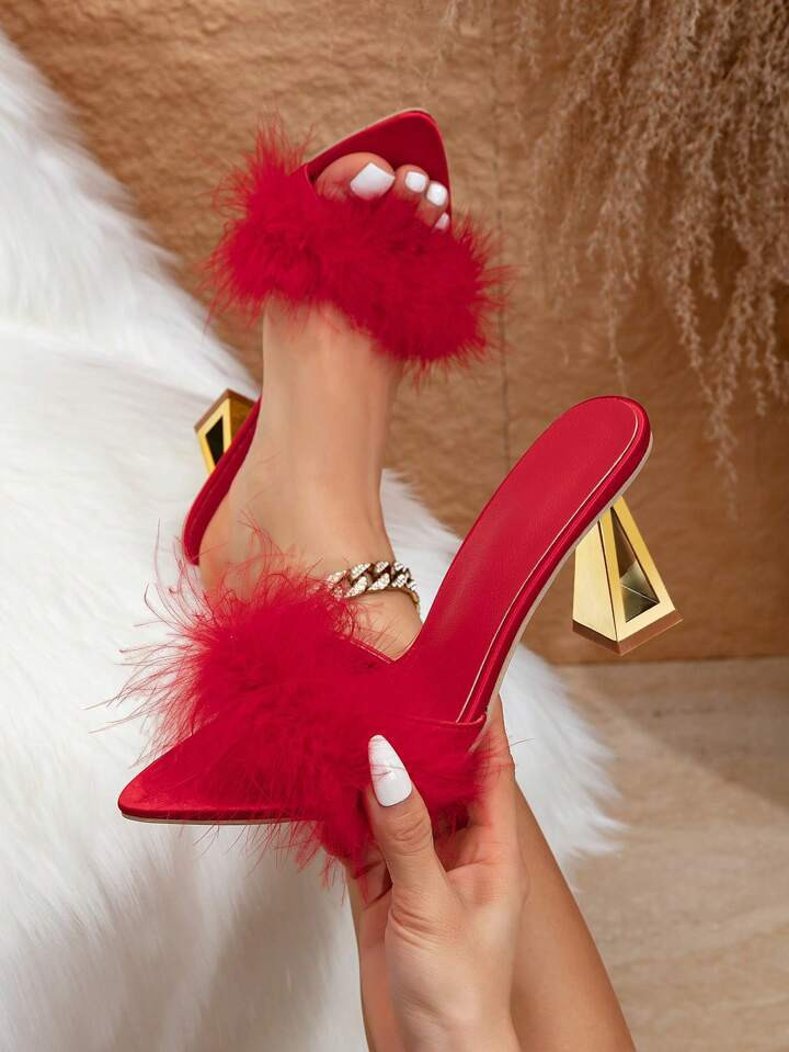 Ladies Fashion Party Pointy Toe One Strap Red Satin Furry Cutout Metallic Gold Plated High Heel S... | SHEIN