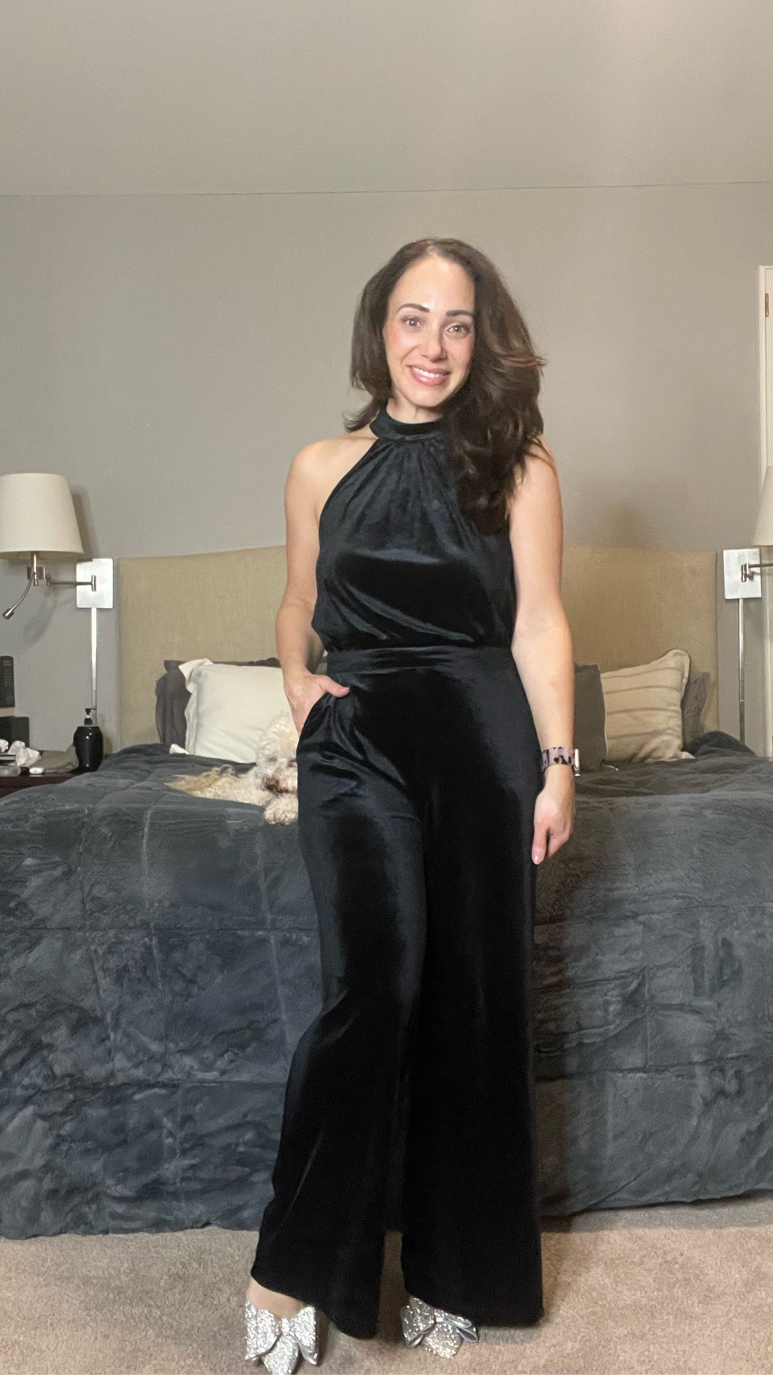 New Year’s Eve velvet jumpsuit with sparkly shoess

#LTKHoliday #LTKOver40 #LTKFindsUnder50