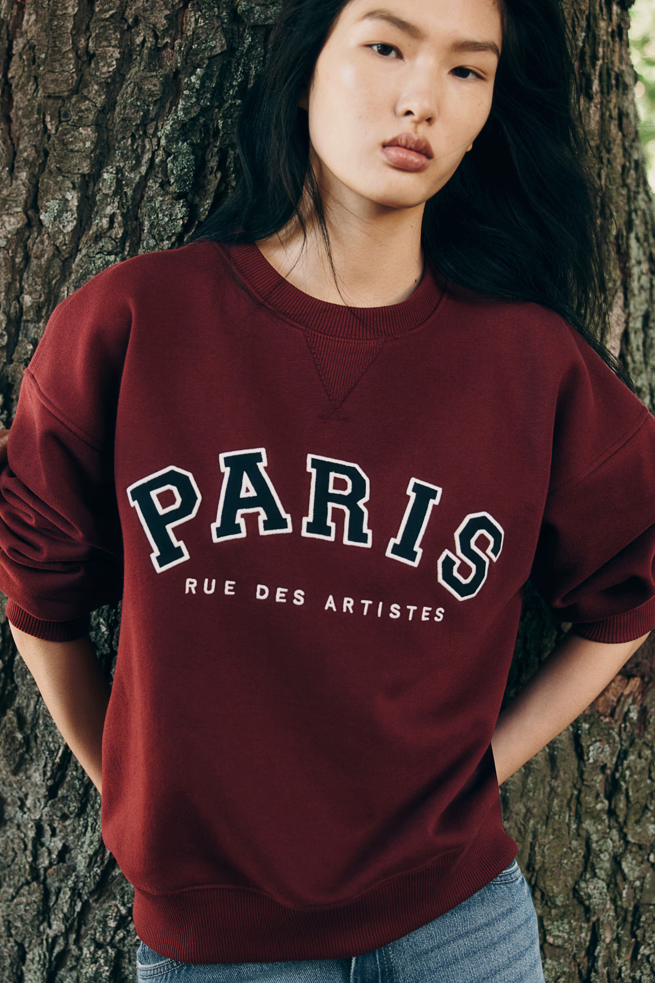 Sweatshirt mit Motiv - Rundausschnitt - Langarm - Dunkelrot/Paris - Ladies | H&M DE | H&M (DE, AT, CH, NL, FI)