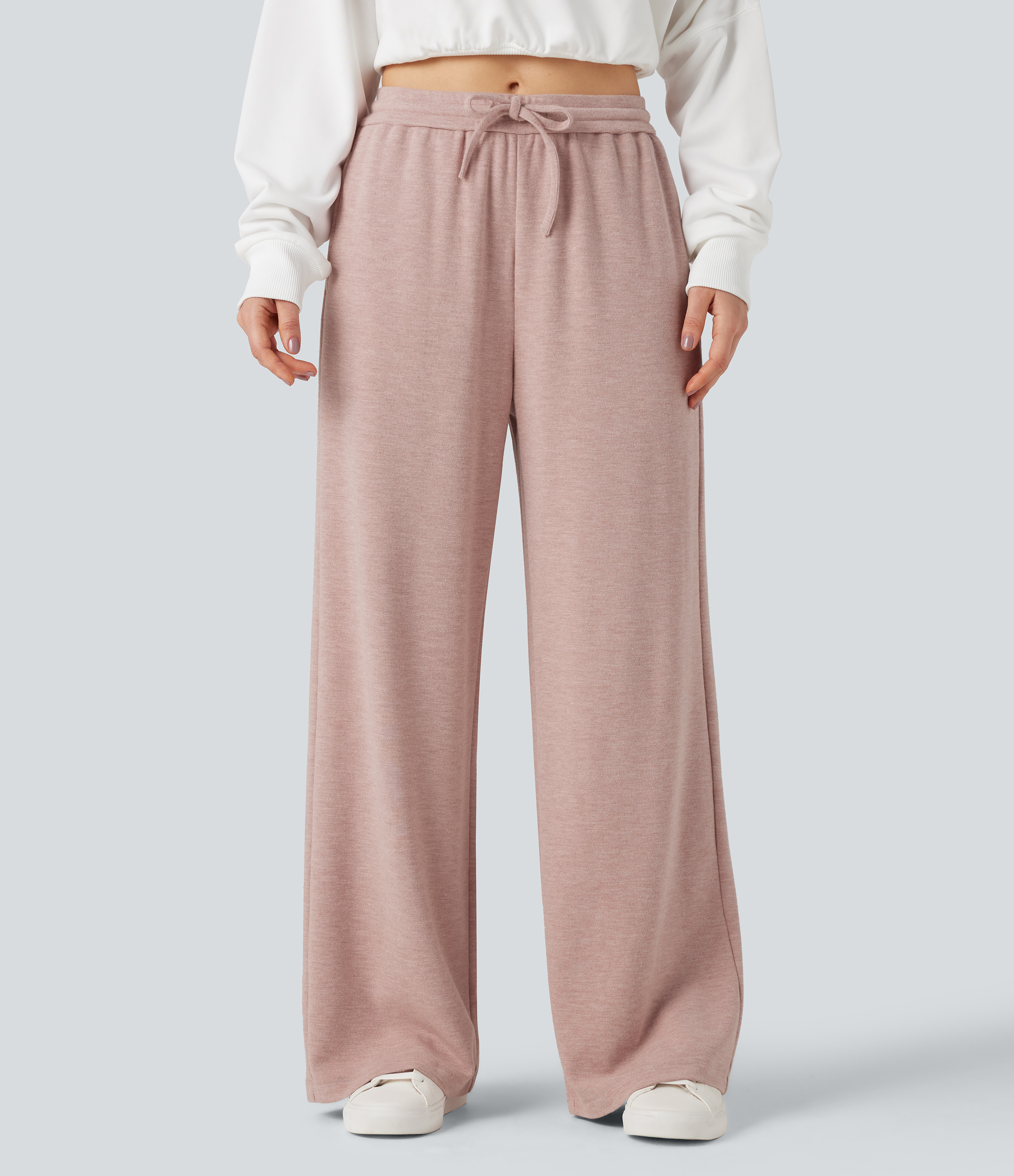 Halara Mid Rise Drawstring Wide Leg Casual Pants with Pockets  - Charming Pink - XL(regular) sweatpants jogger pants stacked sweatpants | HALARA