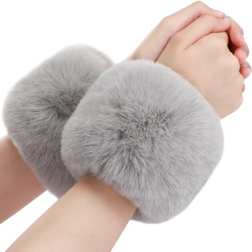 SATINIOR Faux Fur Short Wrist Cuff Winter Fuzzy Wrist Cuff Warmers for Women Girls Favors(Light Gray) | Amazon (US)