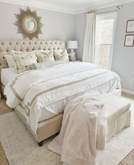 Bedding refresh with classic Greek key duvet cover and shams. 






Throw pillows, Ballard designs, upholstered bed, tufted bed, traditional, glam, storage ottoman, custom drapes curtains, intaglios, amazon, guest bedroom, 

#LTKhome