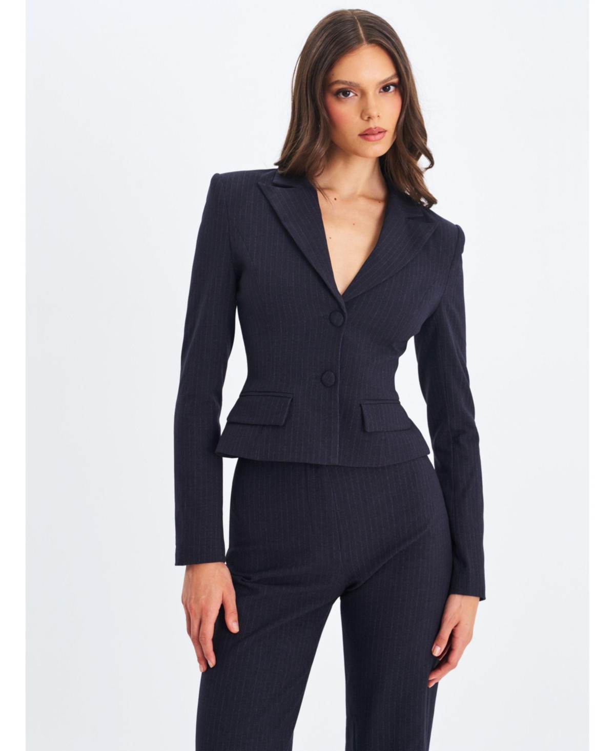 Miss Circle Women's Quinne Navy Striped Single-Breasted Peplum Blazer - Navy blue | Macy's