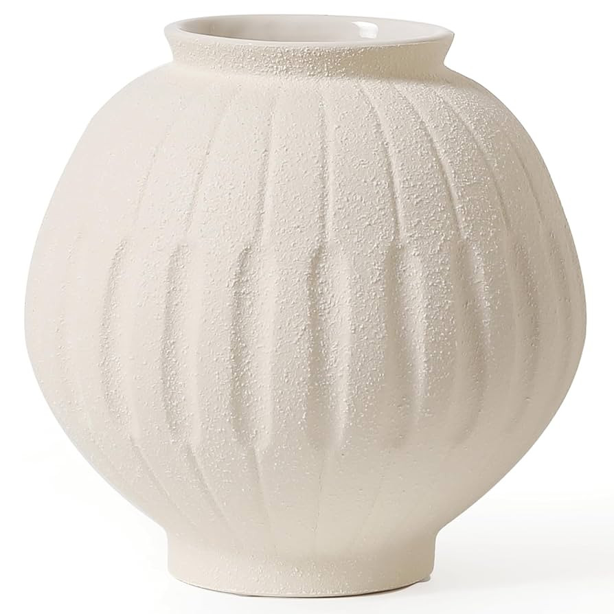 Kokrose Ceramic Round Vase, Cream Pottery Textured Terracotta Vase for Centerpieces, Rustic Farmh... | Amazon (US)