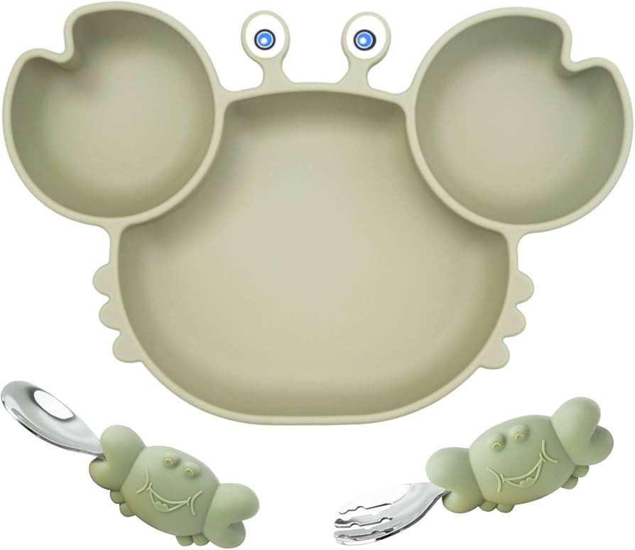Silicone Suction Plate for Toddlers with Fork Spoon Set - Self Feeding Training Divided Plate Dis... | Amazon (US)