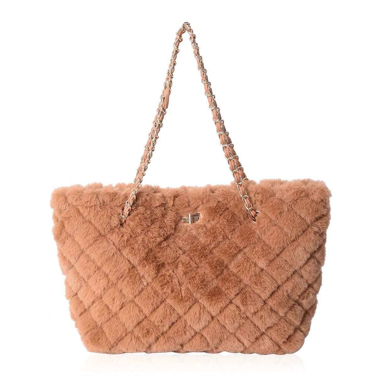 Shop LC Camel Quilted Checker Pattern Acrylic Faux Fur Tote Bag Handbag Shoulder Bag | Walmart (US)