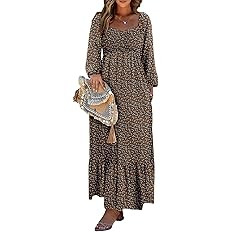 Dokotoo Womens Dresses 2024 Boho Floral Smocked Square Neck Long Sleeve Button Down Beach Long Ma... | Amazon (US)
