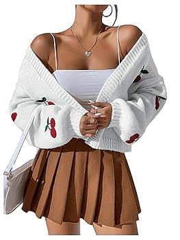 GORGLITTER Women's Cherry Cropped Cardigan Sweaters Open Front Long Sleeve Cute Chunky Knit Short... | Amazon (US)