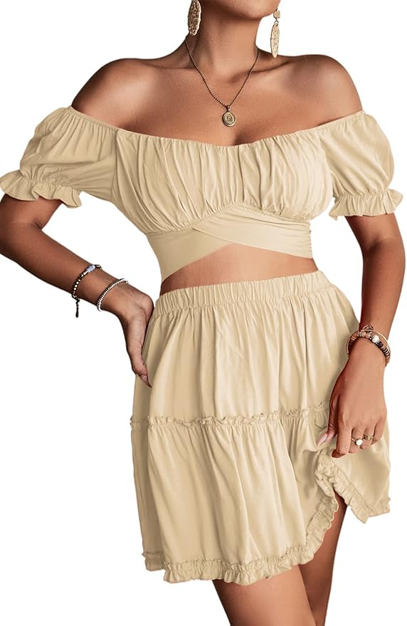 LYANER Women's 2 Piece Outfits Floral Off Shoulder Tie Up Crop Top and Mini Skirt Set | Amazon (US)