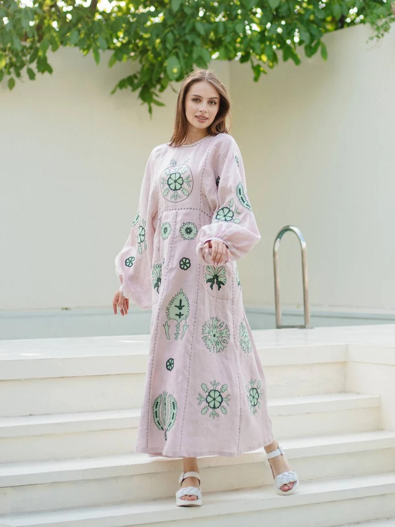 Zou Embroidered Linen Boho Dress Puff Sleeves Bohemian Wedding Dress Boutiqueua - Etsy | Etsy (US)