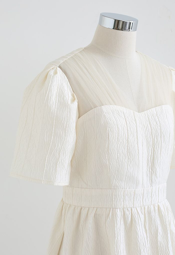 V-Neck Ripple Embossed Spliced Dress in Cream | Chicwish