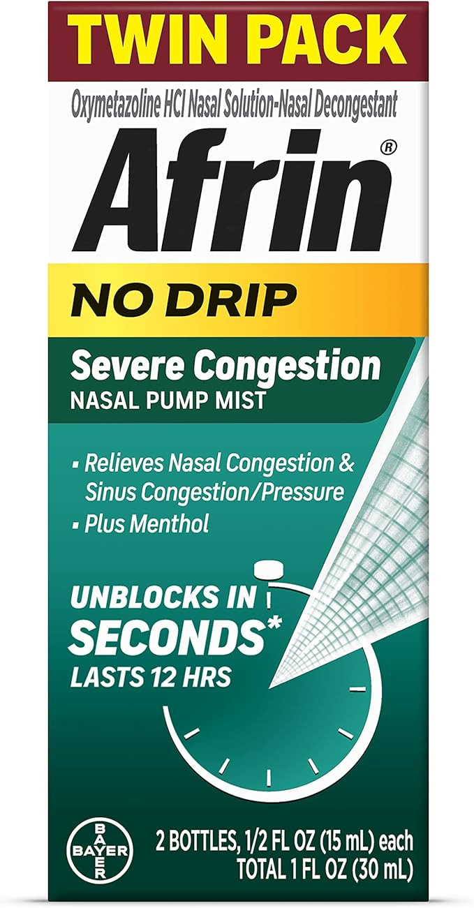 Afrin No Drip Severe Congestion Nasal Mist Twin Pack, Non-Drowsy, Fast-Acting Decongestant for Na... | Amazon (US)