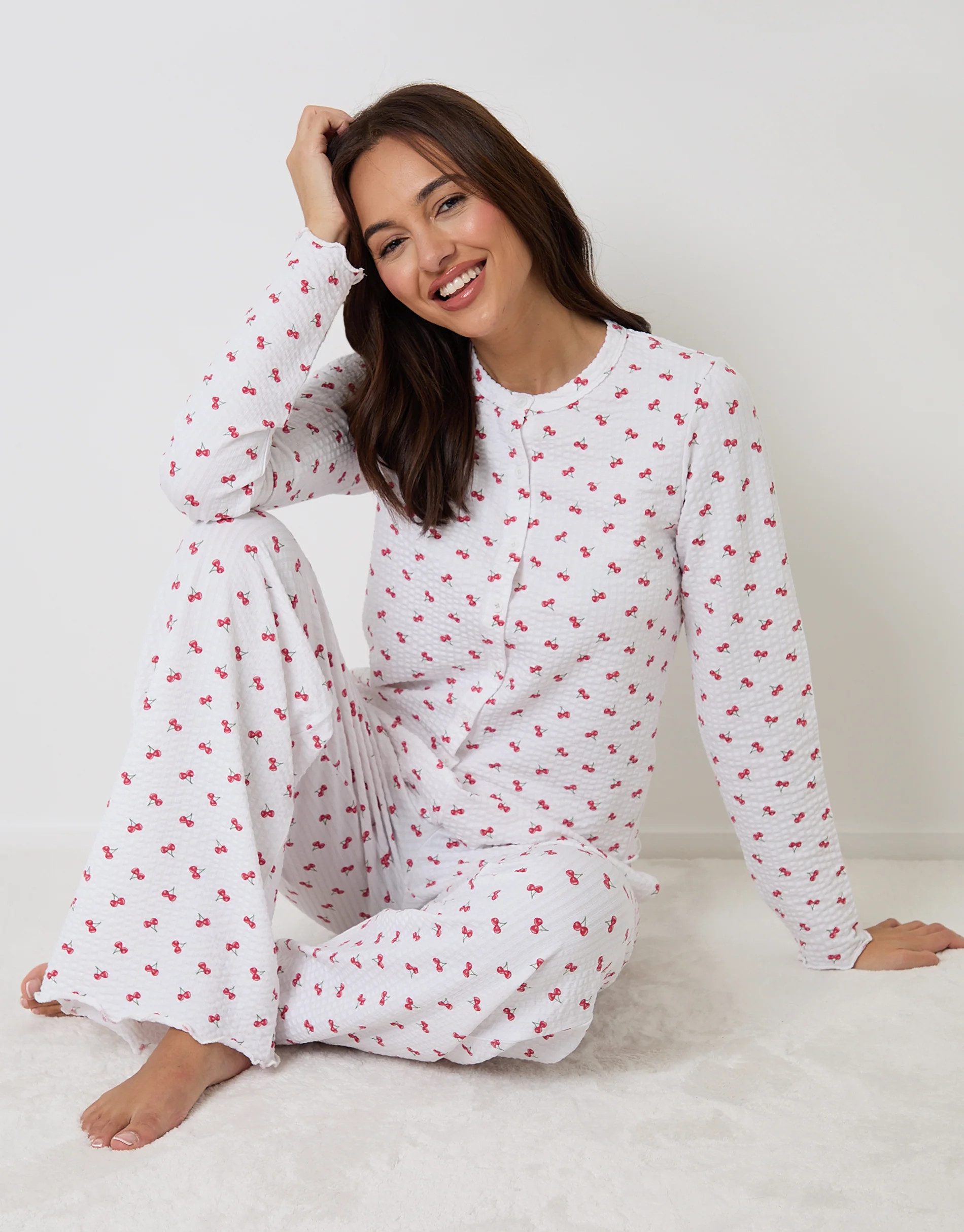 White Cherry Print Lettuce Hem Pyjamas (2-Piece Set) | Threadbare