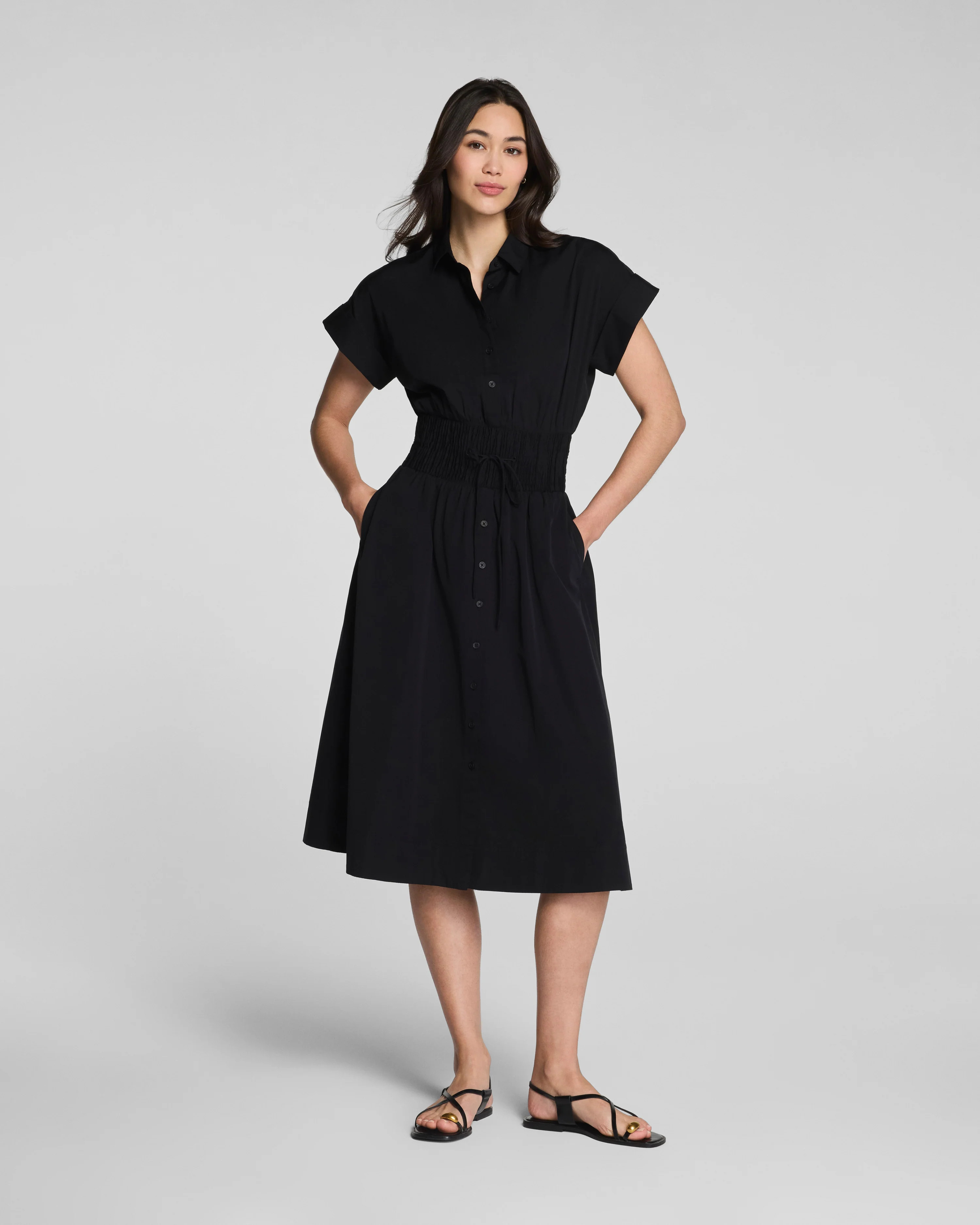 SPANX\u00ae Poplin Smocked Midi Shirt Dress | Spanx