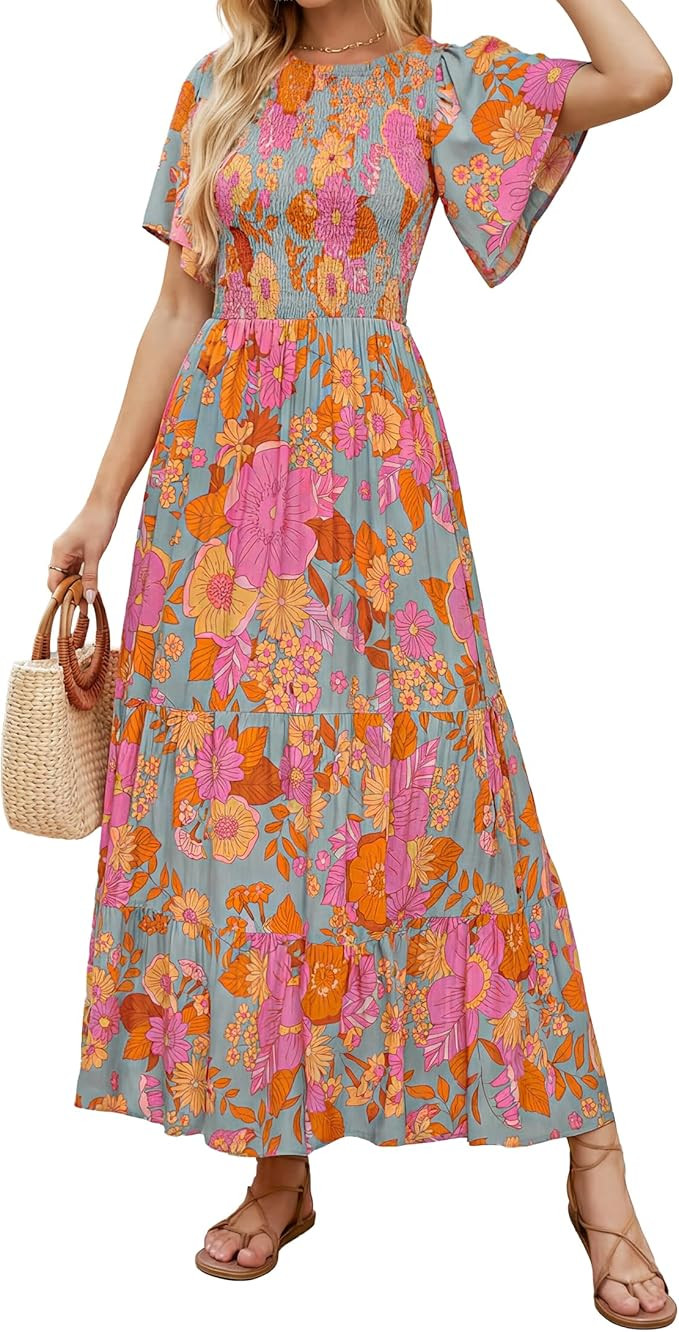 ZESICA Women's 2026 Summer Casual Floral Print Short Flutter Sleeve Crew Neck Smocked High Waist ... | Amazon (US)