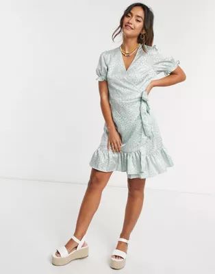 QED London wrap front satin jacquard mini dress in mint | ASOS (Global)