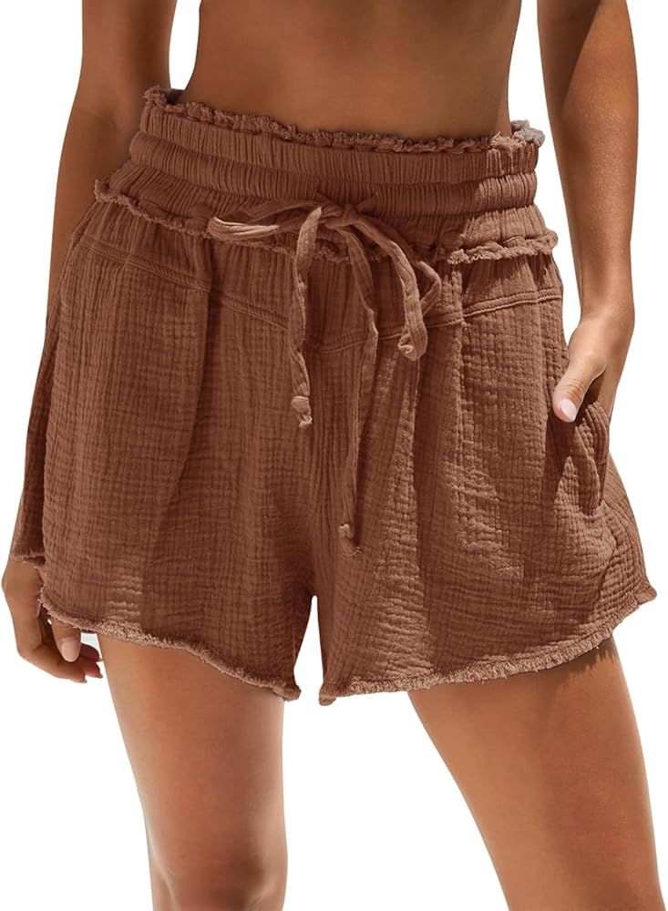 Aoudery Cotton Gauze Shorts for Women Drawstring Pocketed Frayed Shorts Summer Elastic Waist Casu... | Amazon (US)