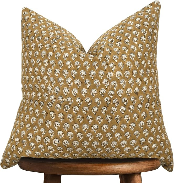 Hand-Block Printed, Artisan-Made Neutral Accent Throw Pillow Covers- 100% Cotton Cushion for Sofa, Bed, Chair, Home Decor, Boho, Indoor - Amelie (Yellow_2, 20" x 20" (Pack of 1)) | Amazon (US)
