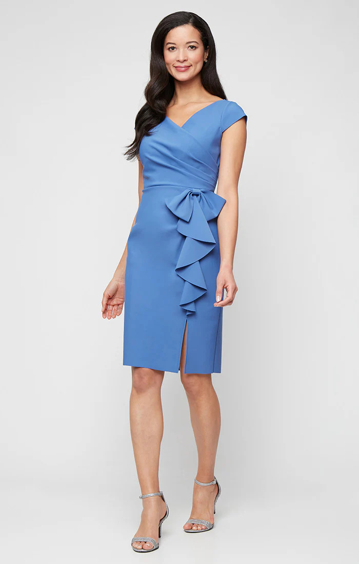 Short Compression Collection Sheath Dress with Surplice Neckline and Cascade Bow Detail Skirt | Alex Evenings