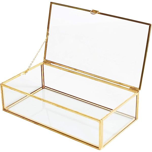 Vintage Minimalist Jewelry Box Golden Brass Metal Frame Clear Glass with Lids Hinge Chains Decorativ | Amazon (US)