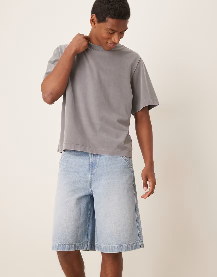 ASOS DESIGN denim jorts with embroidered back pockets in mid wash blue | ASOS (Global)