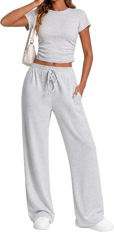 LanGui 2 Piece Sets for Women Summer 2026 Lounge Set Side Ruched Top and Wide Leg Pants for Airpo... | Amazon (US)