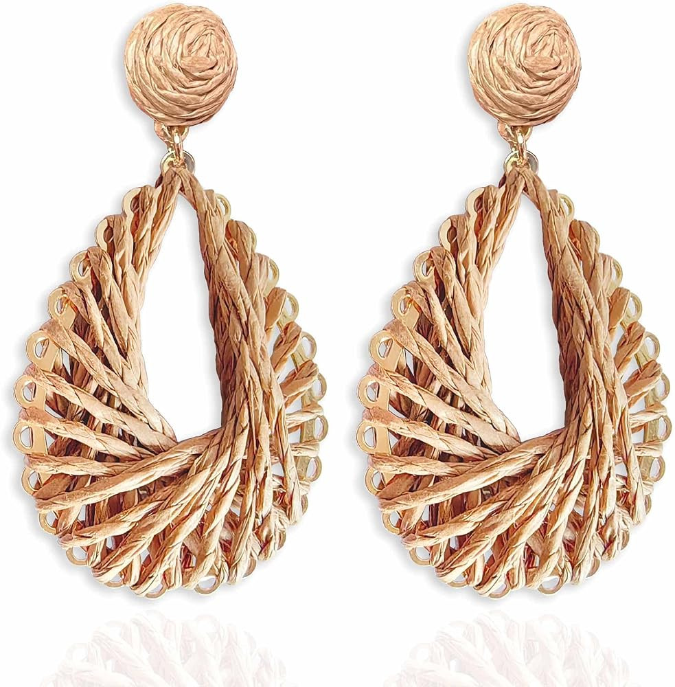 Boho Rattan Drop Earrings Women Raffia Teardrop Earrings Dangle Handmade Hot Pink Summer Earrings... | Amazon (US)