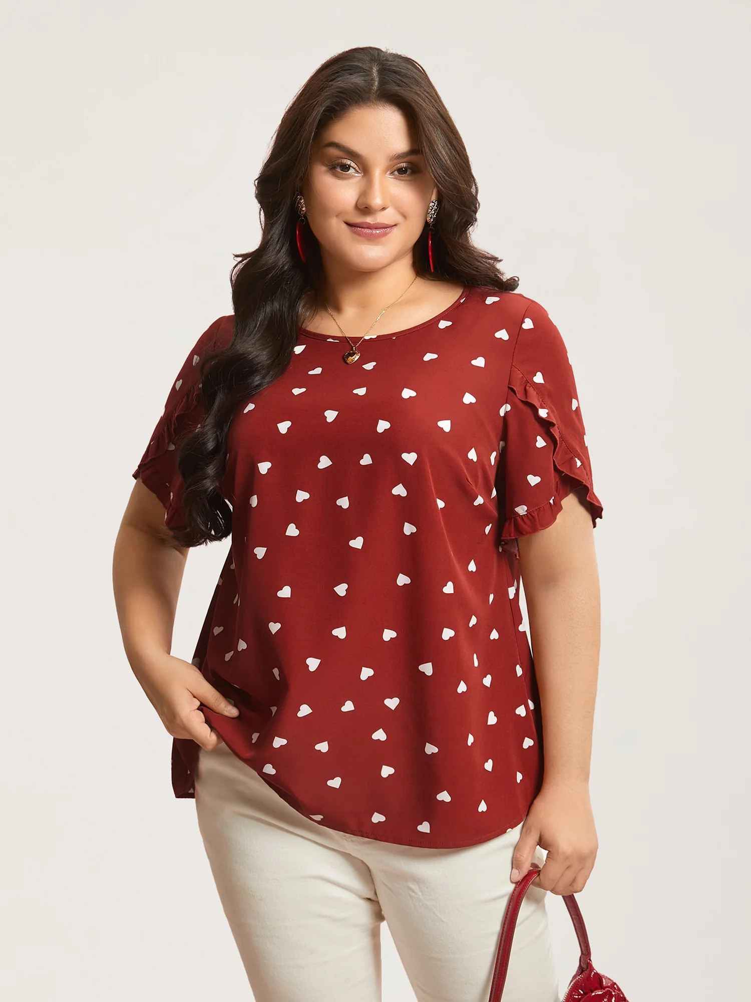 Ruffled Overlap Sleeve Heart Pattern Blouse | Bloomchic