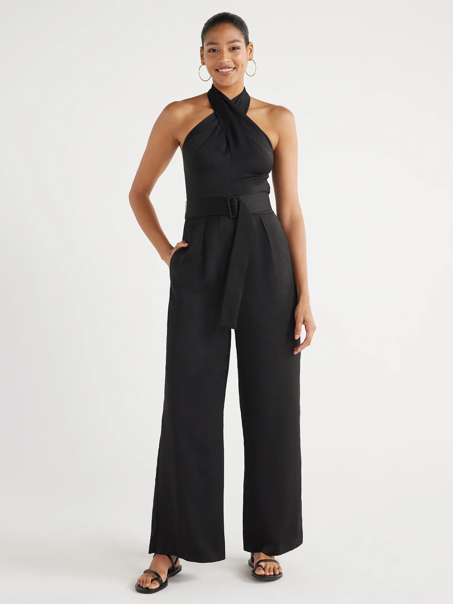 Scoop Women's Wrap Halter Satin Jumpsuit with Wide Leg, 32” Inseam, Sizes XS-XXL | Walmart (US)