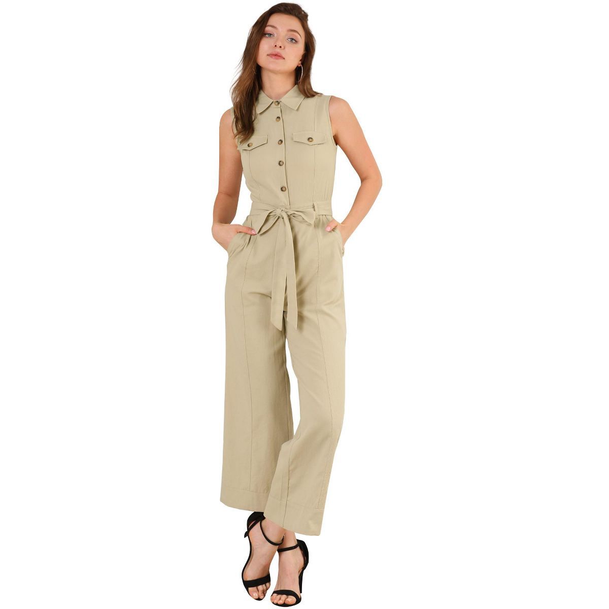 Allegra K Women's Button Down Collared Wide Leg Tie-Waist Sleeveless Jumpsuits Khaki Medium | Target