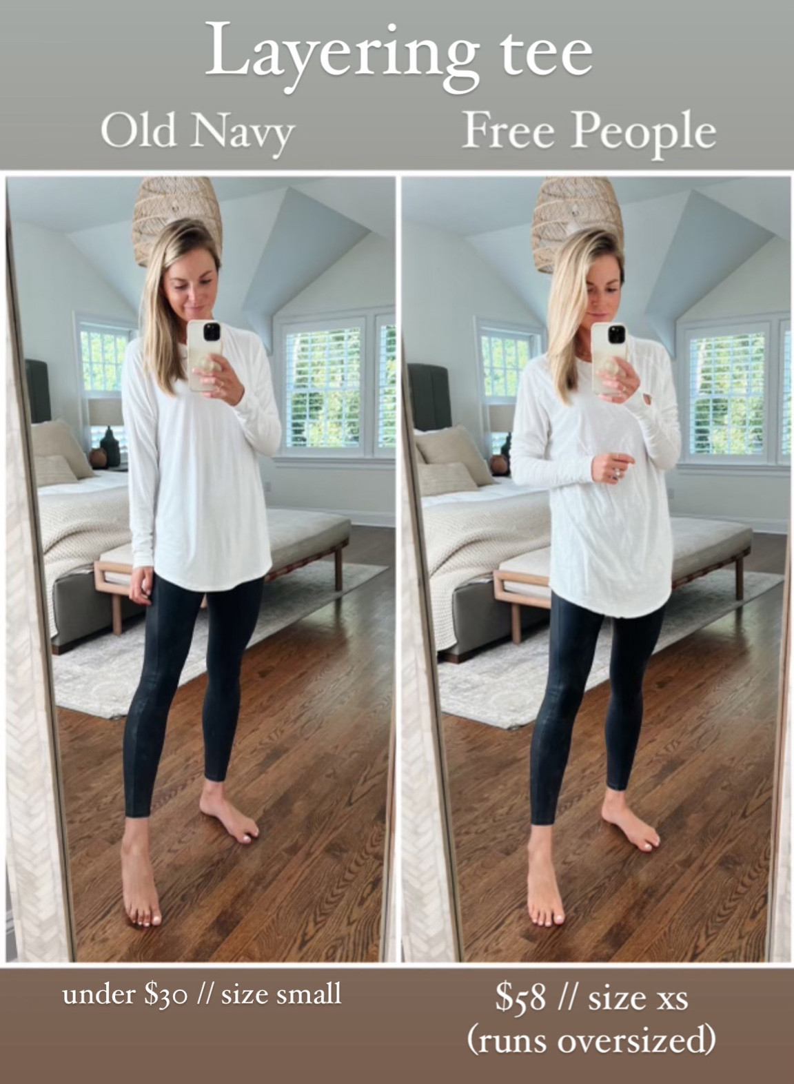 Layering tee - I’m 5’5 for reference 
•Old navy: under $30 + extra 30% off (size small regular) 
•free people: $58 (size XS, runs oversized) 

•Spanx faux leather leggings (small) + 10% off with code KENDALLXSPANX

#LTKunder100 #LTKunder50 #LTKSeasonal