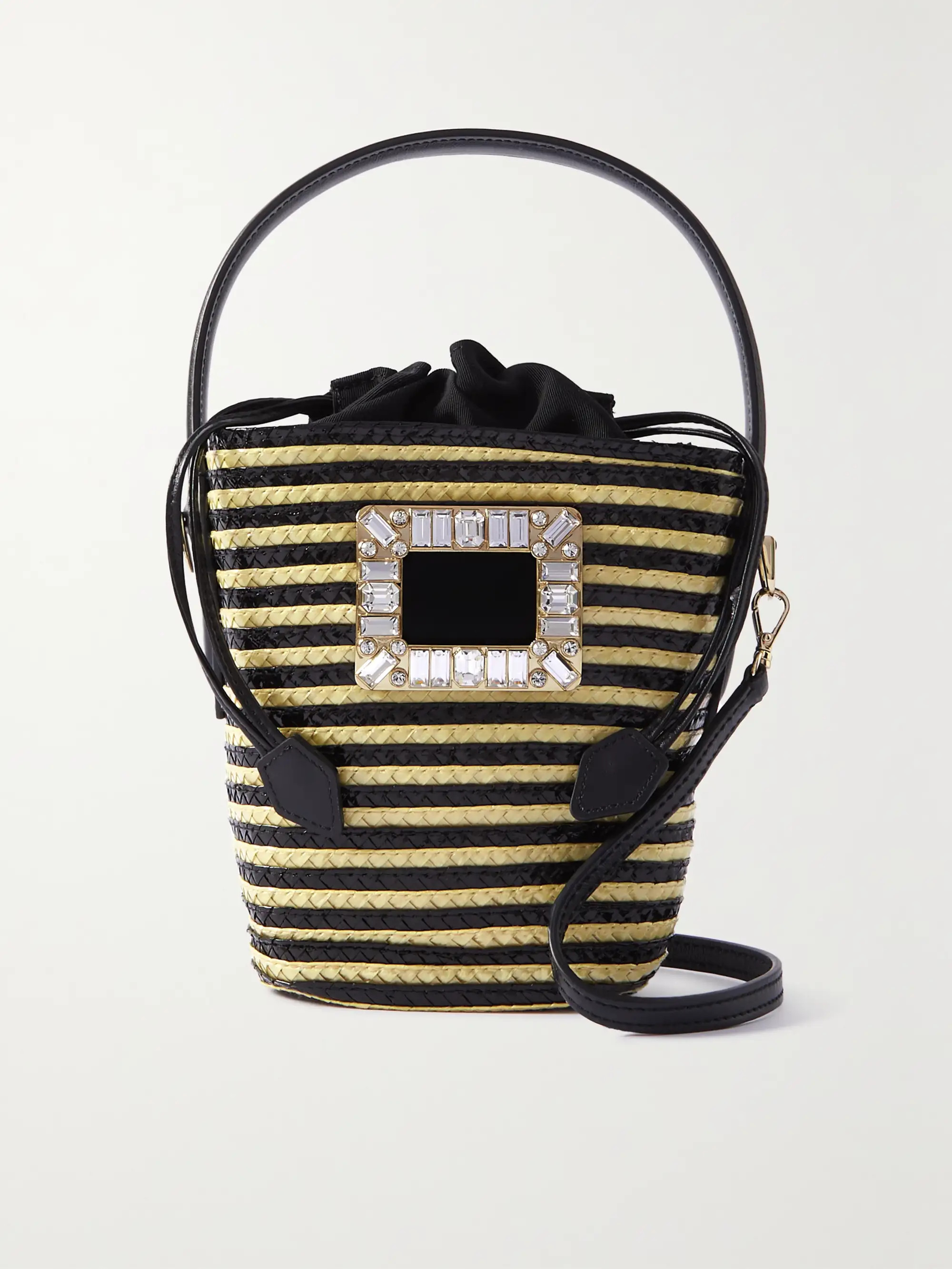 Viv Skate mini leather-trimmed crystal-embellished striped raffia bucket bag | NET-A-PORTER (US)