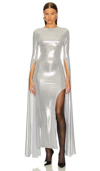 Open Back Ribbon Sleeve Wide Slit Gown in Silver | Revolve Clothing (Global)