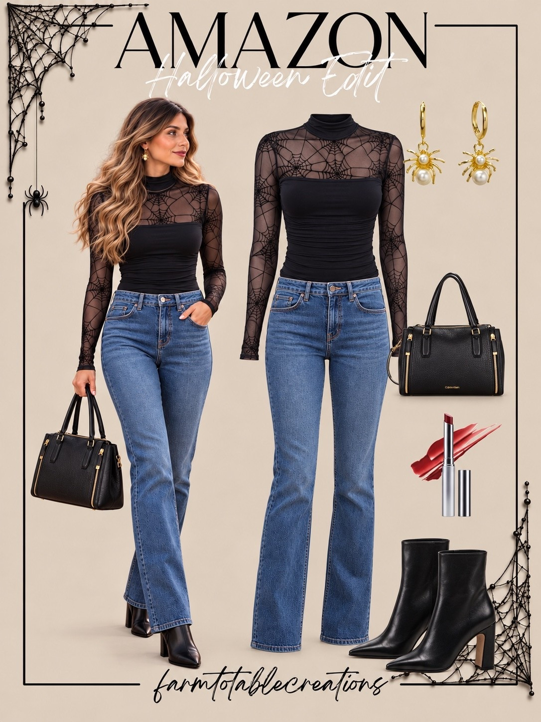 Amazon Halloween Date Night Outfit 🕷️🖤

This Amazon Halloween outfit is such a fun way to lean into spooky season while still keeping the look chic and wearable. The sheer spiderweb top adds the perfect Halloween detail, while the straight-leg jeans keep everything casual and easy.

Finish it with sleek black ankle boots, a structured black handbag, spider earrings, and a deeper berry lip for a little extra drama. Perfect for a Halloween dinner, haunted house, drinks, or a festive October date night.

Follow @farmtotablecreations on Instagram for more cozy home finds and trending decor.

#LTKStyle #LTKFashion #AmazonFashion #AmazonFinds #AmazonStyle #HalloweenOutfit #HalloweenDateNight #SpookySeasonStyle #SpiderwebTop #FallDateNight #OctoberOutfit #CasualHalloween #BlackAndDenim #HalloweenFashion #FallStyle

#LTKSeasonal #LTKOver40 #LTKmomlife