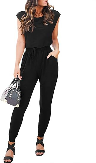 Prinbara Women's Summer Jumpsuits Cap Sleeve Elastic Waist Long Pants Jumpsuit Romper with Pocket... | Amazon (US)