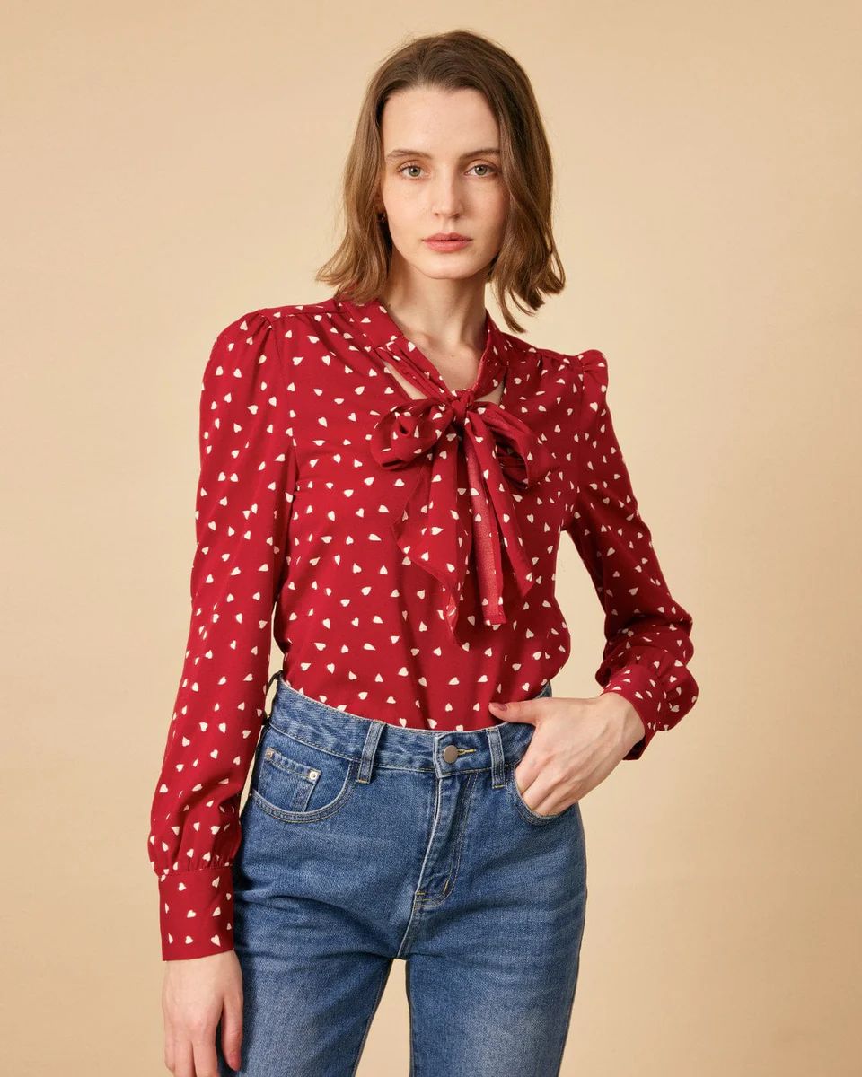 The Red V Neck Puff Sleeve Bowknot Blouse & Reviews - Red - Tops | RIHOAS | rihoas.com