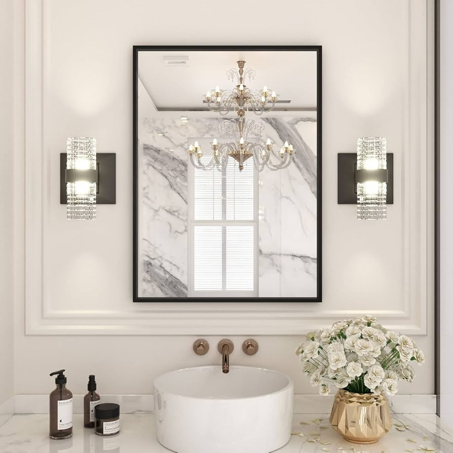 LOAAO 22"X30" Black Rectangle Bathroom Mirror Wall, Matte Black Aluminum Alloy Frame, Hangs Verti... | Amazon (US)