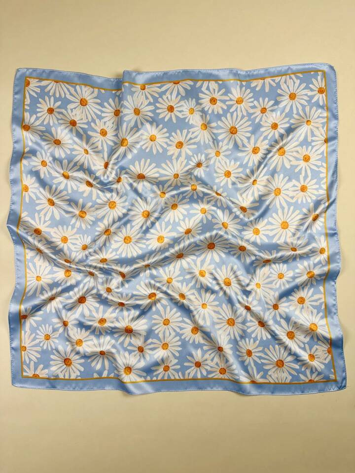 1PC Ladies Daisy Florals Print Square Scarf Elegant Blue Neckerchief Bandana Women Satin Head Sca... | SHEIN