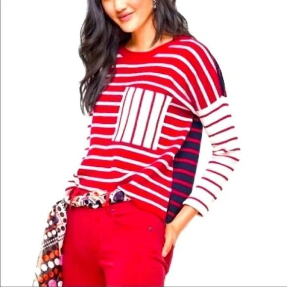 Cabi Pocket Pullover Red Stripe Cotton Knit\u205fSweater Top Size S | Poshmark