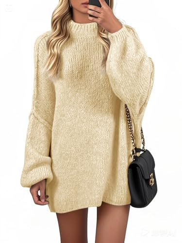 Wenrine Womens Oversized Sweater Dress Cozy Puff Long Sleeve Fall Chunky Knit Loose Tunics Pullover Tops Beige | Amazon (US)