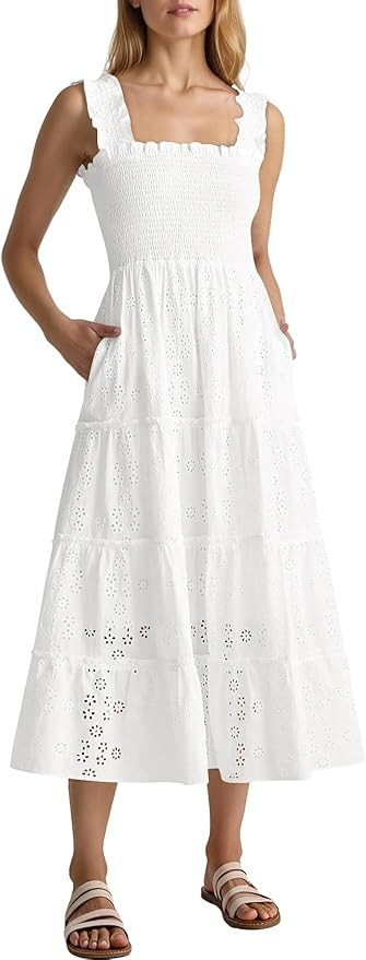 Caracilia Womens Summer Midi Dress Casual Square Neck Sleeveless Eyelet Smocked A Line Tiered 202... | Amazon (US)