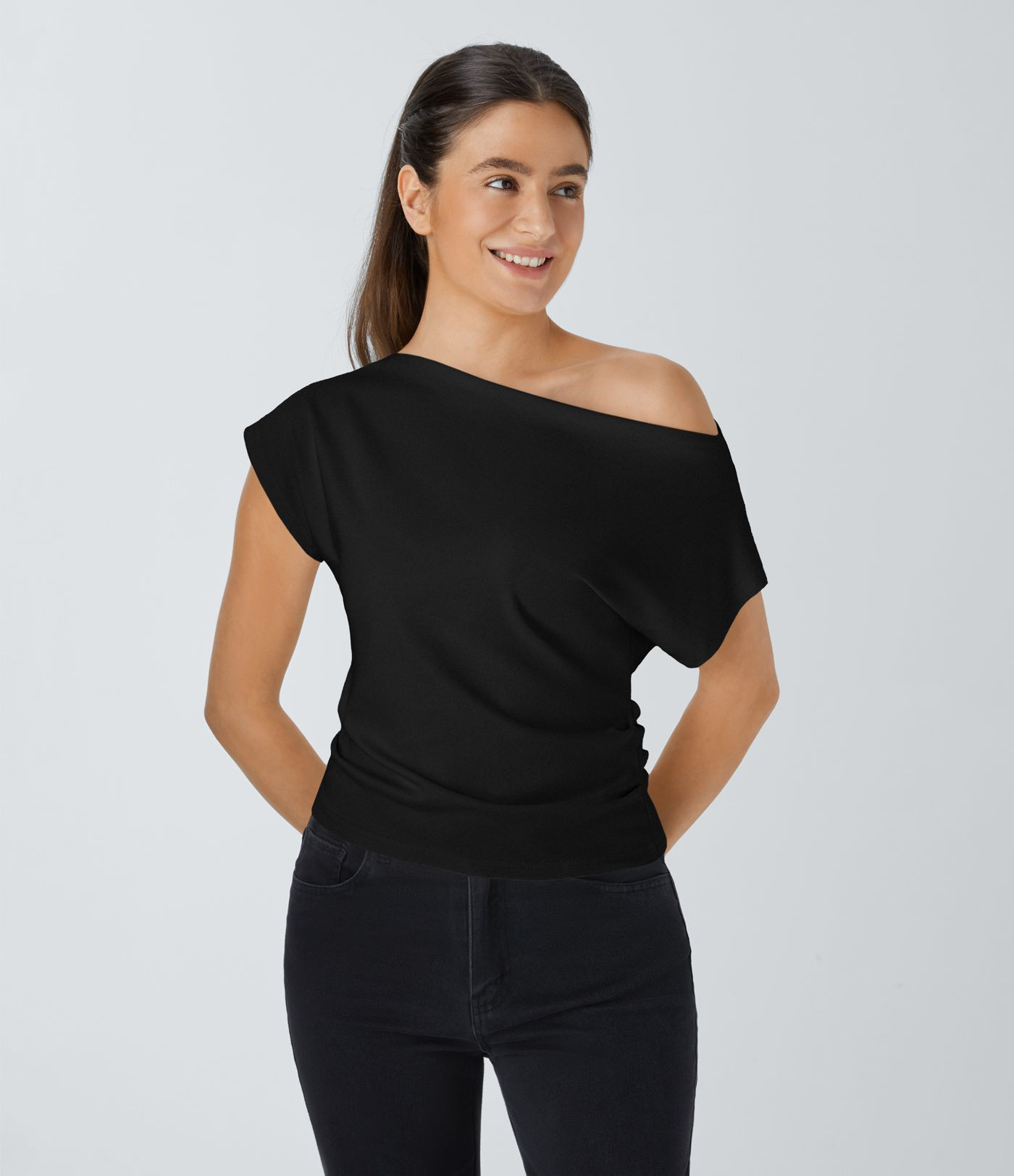 Women’s Off Shoulder Short Sleeve Ruched Casual Top - Halara | HALARA