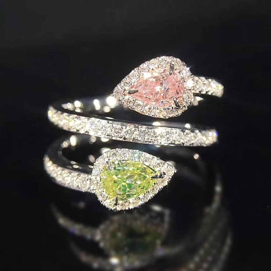 925 Silver Shiny Full Diamond Emerald Drop Ring Heart Ring 18K Gold Heart-Shaped Cut Pink Cubic Z... | Amazon (US)