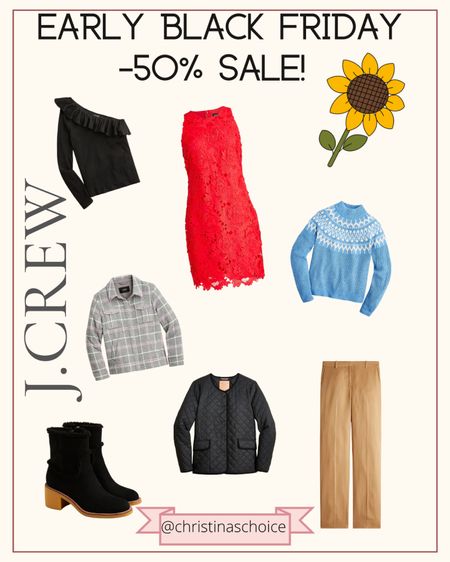 50% off your fave fashions at J. Crew—lace dress, faire isle sweater, plain shacket, suede boots, tailored pants.

#LTKworkwear #LTKHoliday #LTKCyberweek