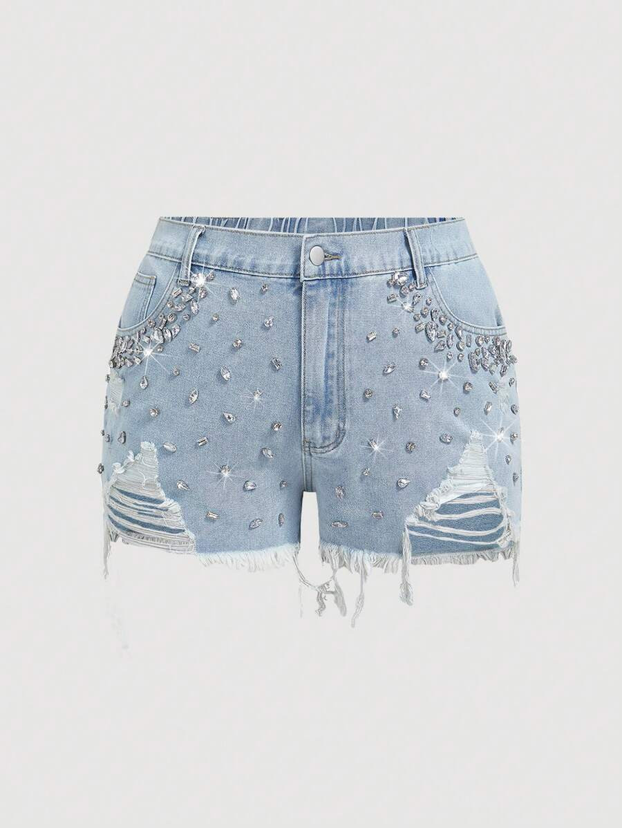 SHEIN Tall Women's Fashion Rhinestone Decor Distressed Denim Shorts, Summer | SHEIN