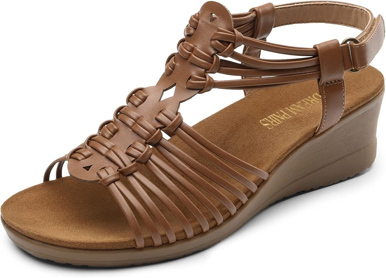 DREAM PAIRS Women's Comfortable Strappy Low Heel Open Toe Slip-On Wedge Sandals Arch Support for Summer Dressy Shoes | Amazon (US)