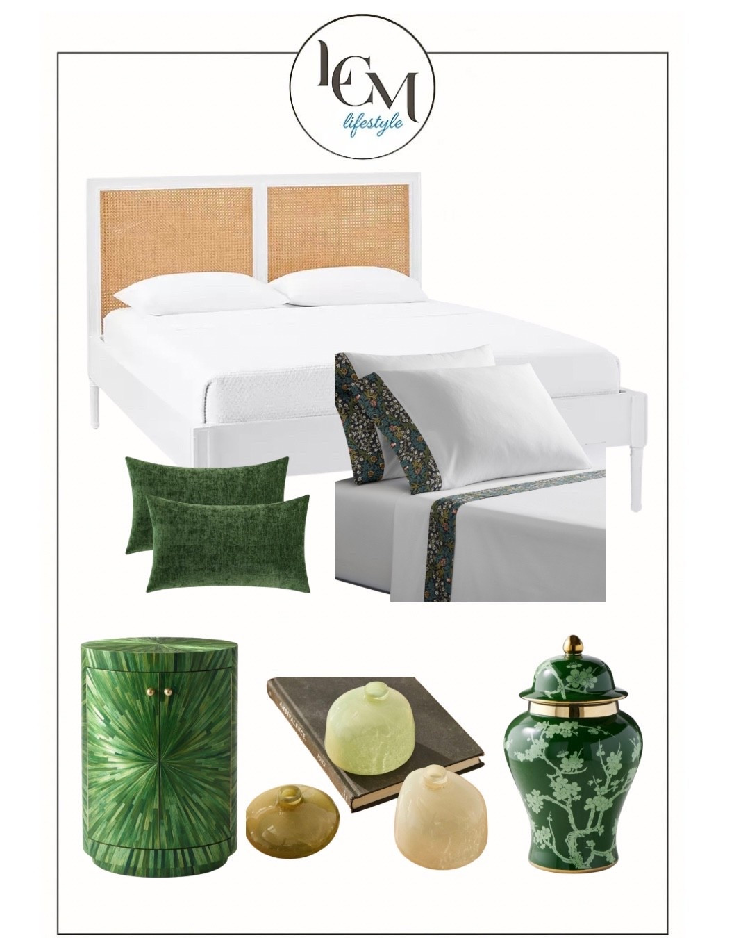 In the mood for a bedroom refresh? Shades of green are calming and nurturing - perfect for the relaxing vibe you’re seeking to restore and rejuvenate each day. I’ve included options for the bed frame, night stands and ginger jar in various price ranges. Remember, your home is your private sanctuary, a place to unwind, relax and savor life in the spaces you most look forward to spending time in, especially your bedroom! Enjoy!  #interiordesign #bedroomrefresh #lcmlifestyle 

#LTKmorningroutine #LTKHome #LTKselfcare
