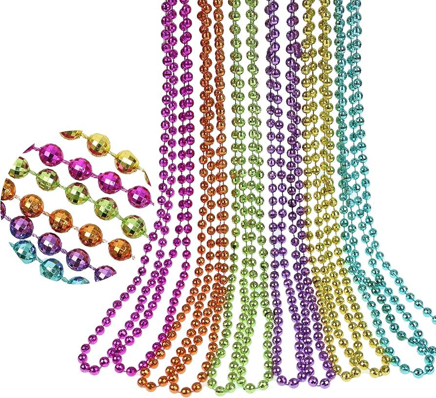 GIFTEXPRESS 12 pack of 33 Mardi Gras Beads Necklace, Metallic Assorted Neon Color Disco Ball Bead... | Amazon (US)