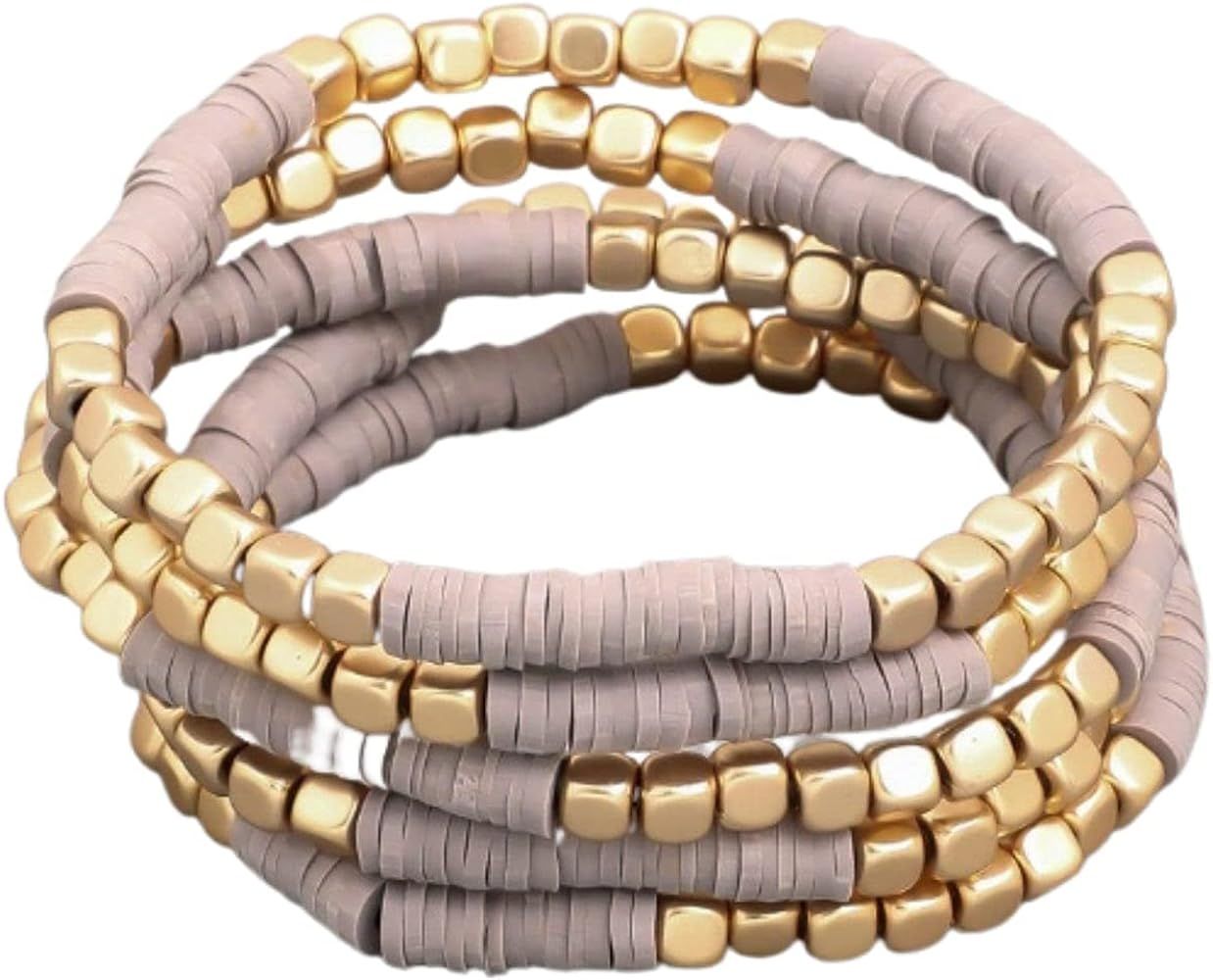 Holly Chic LA Heishi Bracelets for Women, Gold Ball Bracelet Gray Stackable Rainbow Vinyl Disc Be... | Amazon (US)