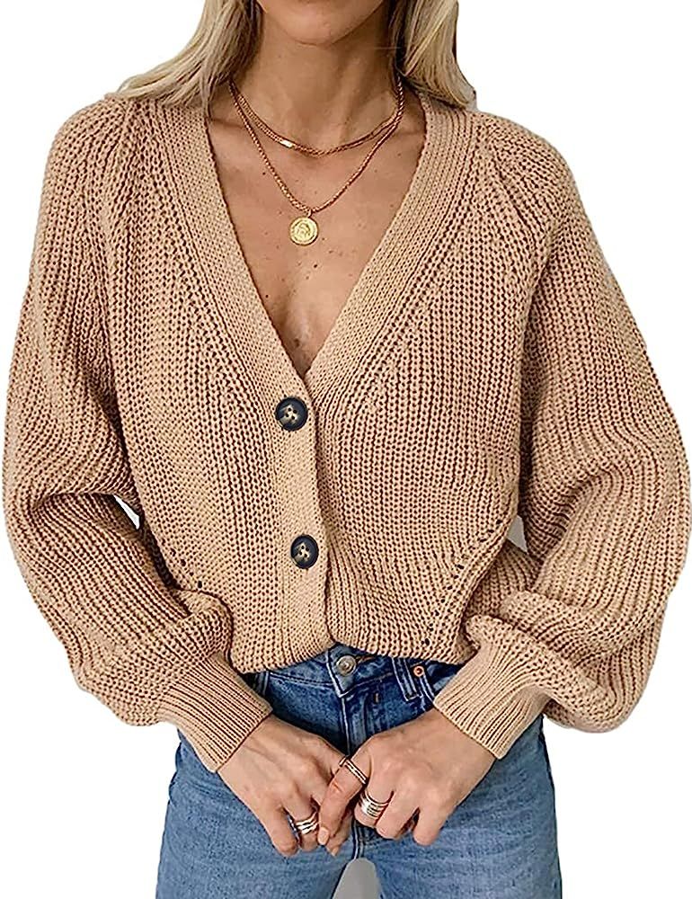 Chigant Women Button Down Cardigans Long Sleeve Cable Knit Sweater V-Neck Open Front Outwear Coat... | Amazon (US)